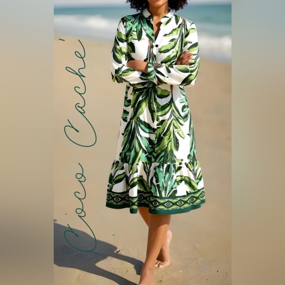 Bohemian Tropical Green Leaf Print Loose Fit Midi Dress - Picture 1 of 10